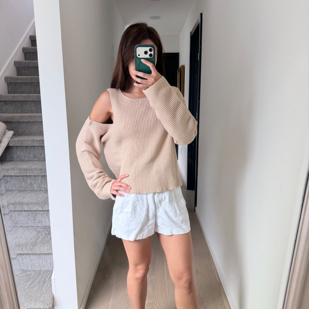 Intermix Open Shoulder Cotton Cashmere Tan Sweater Preppy Boho Elevated Basic L